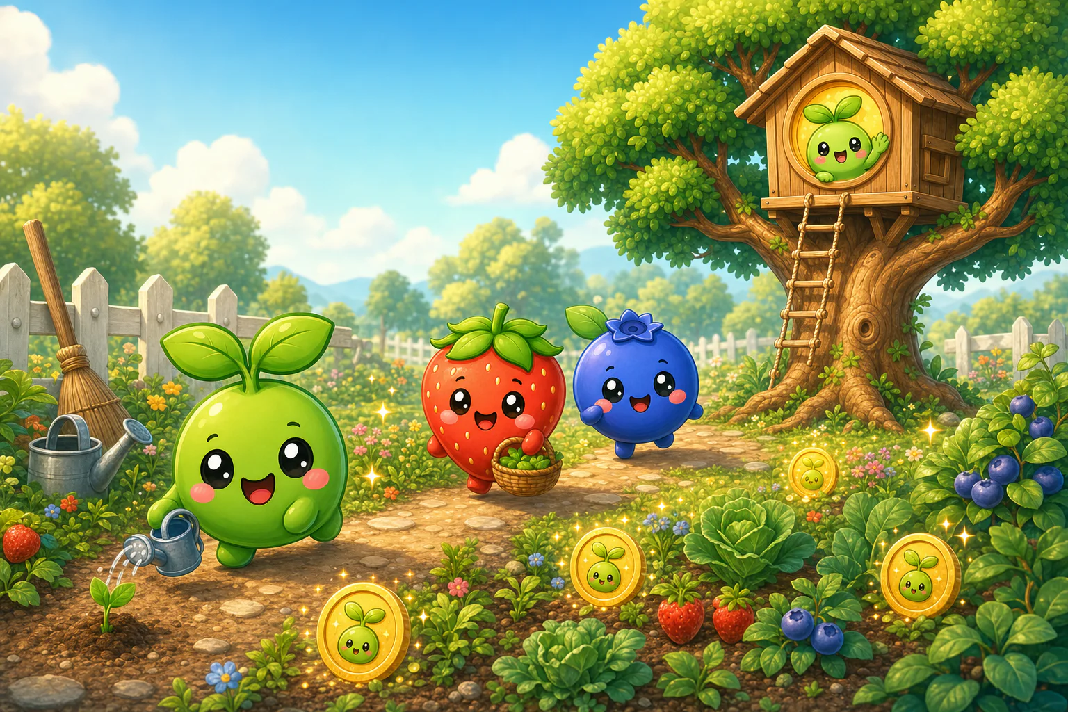 Three cheerful Sprout characters help a seed grow along a coin-lit garden path toward a glowing treehouse